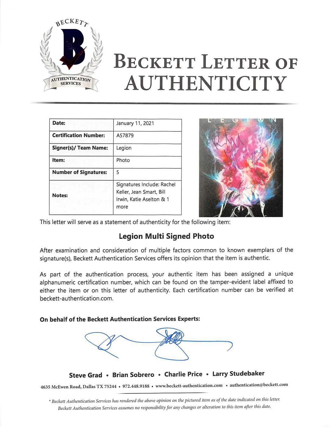Legion (5) Keller, Smart, Irwin, Aselton & 1 Signed 12x18 Photo BAS #A57879