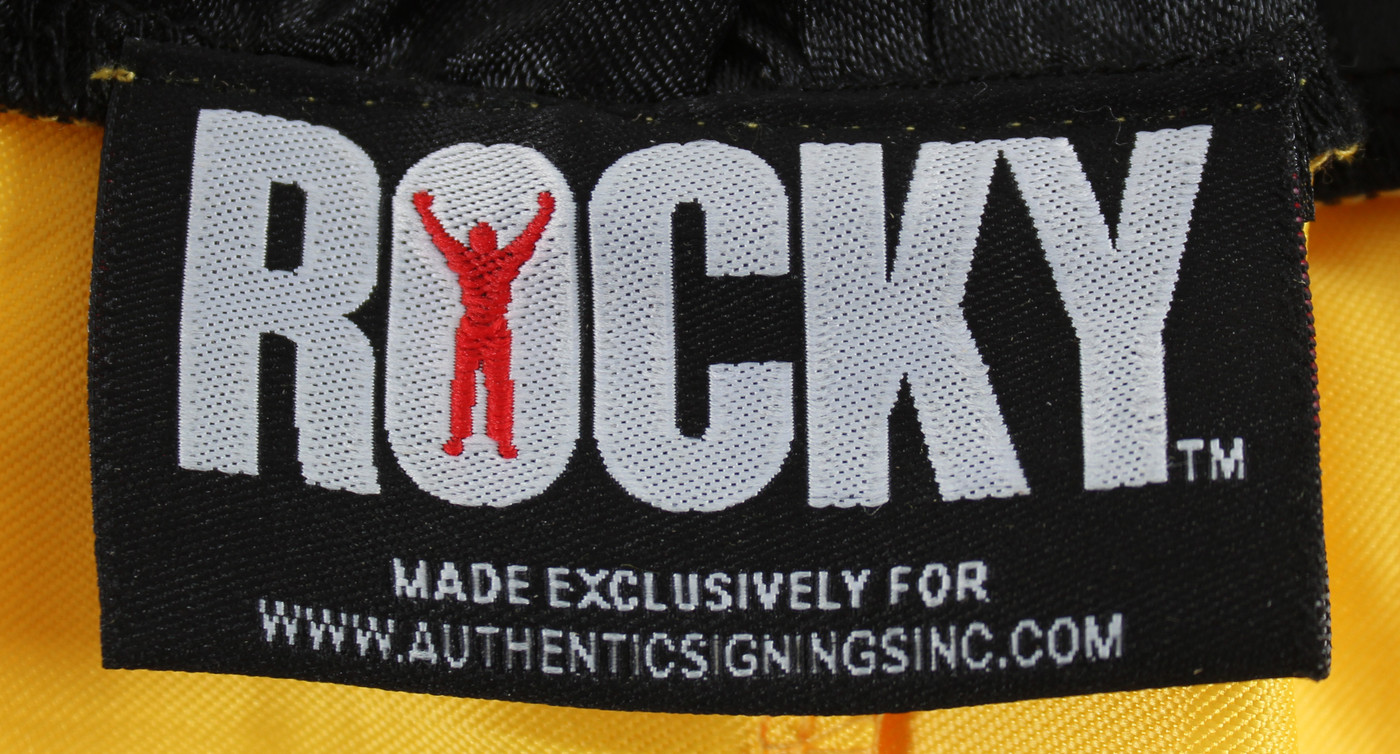Sylvester Stallone & Talia Shire Signed Yellow Rocky Boxing Trunks BAS #AB14661
