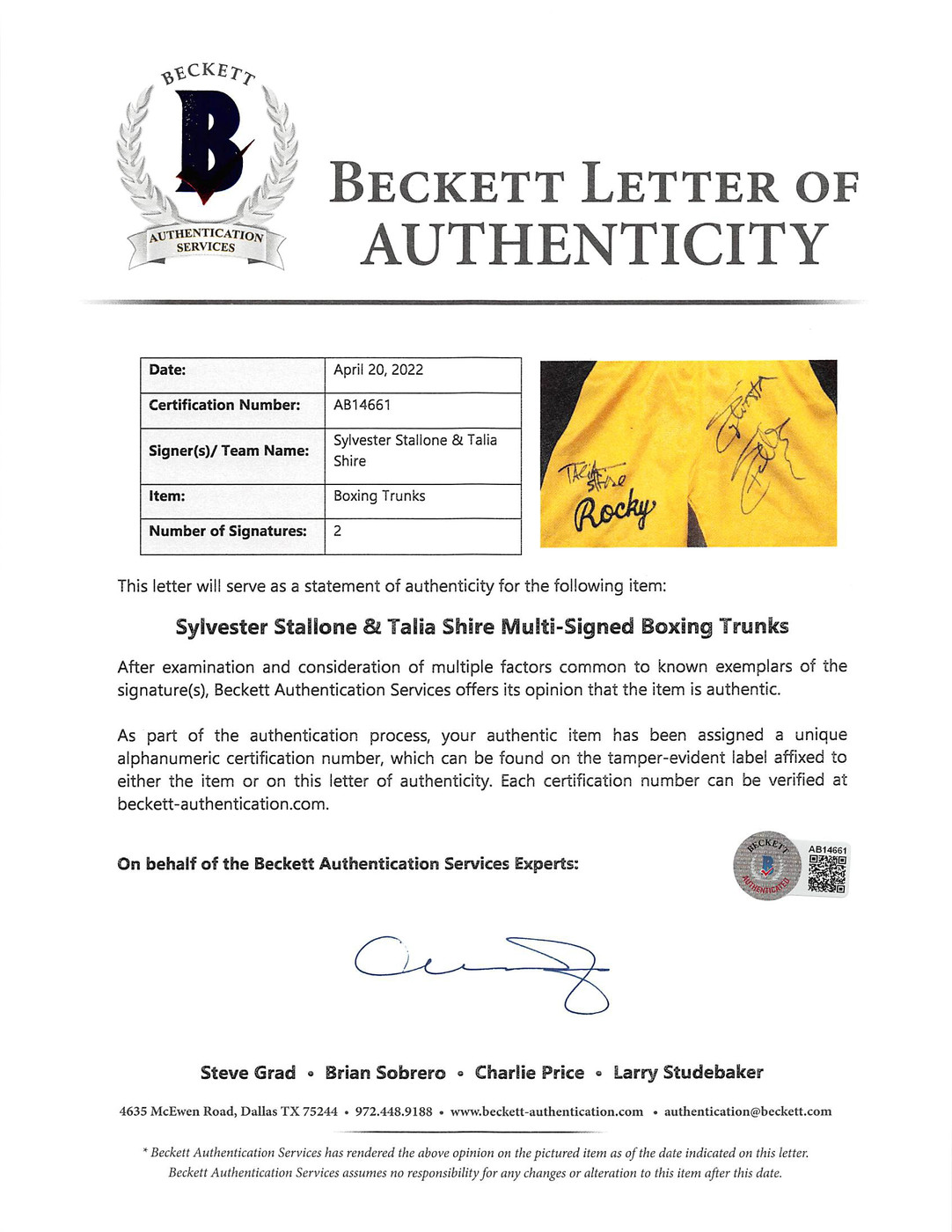 Sylvester Stallone & Talia Shire Signed Yellow Rocky Boxing Trunks BAS #AB14661