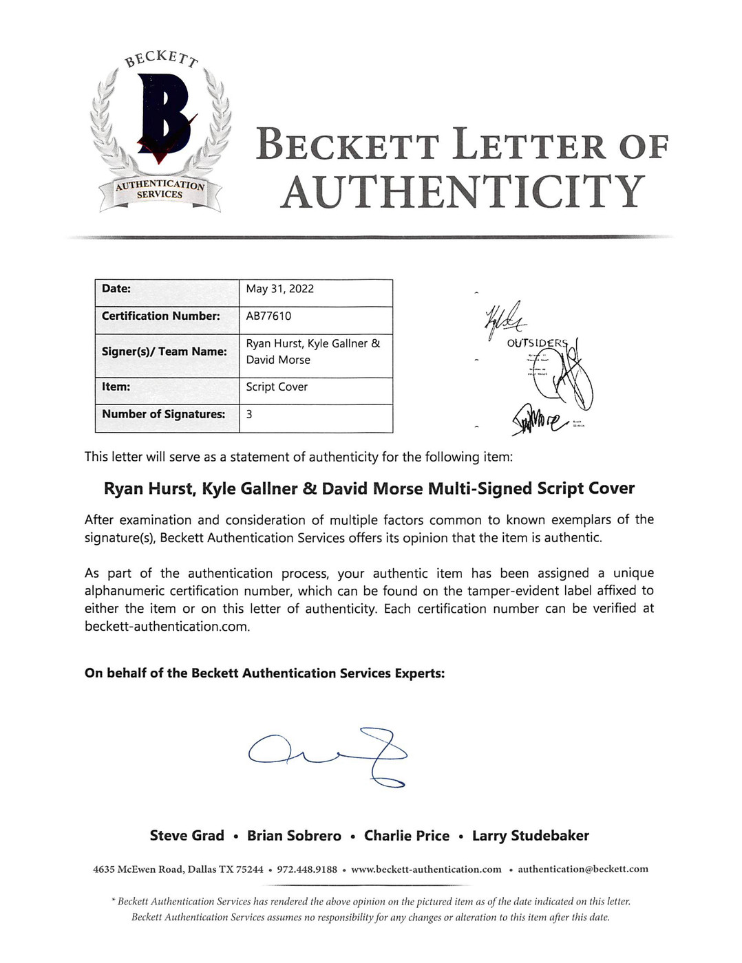 Outsiders (3) Hurst, Gallner & Morse Authentic Signed Script Cover BAS #AB77610