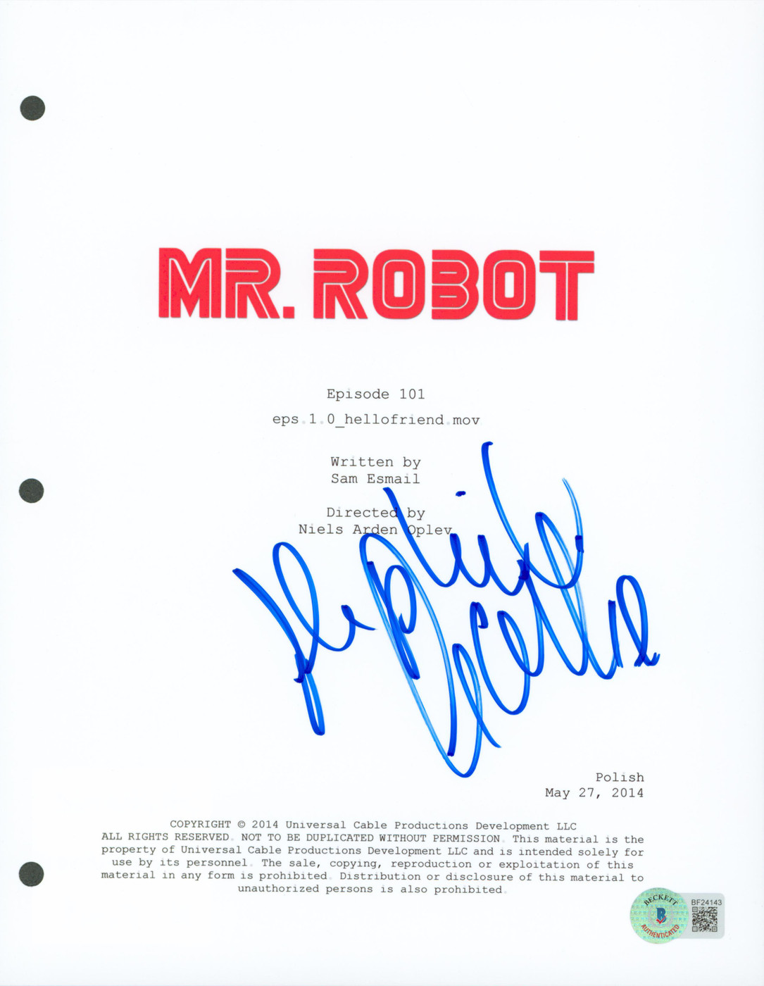 Stephanie Corneliussen Authentic Signed Mr. Robot Script Cover BAS #BF24143