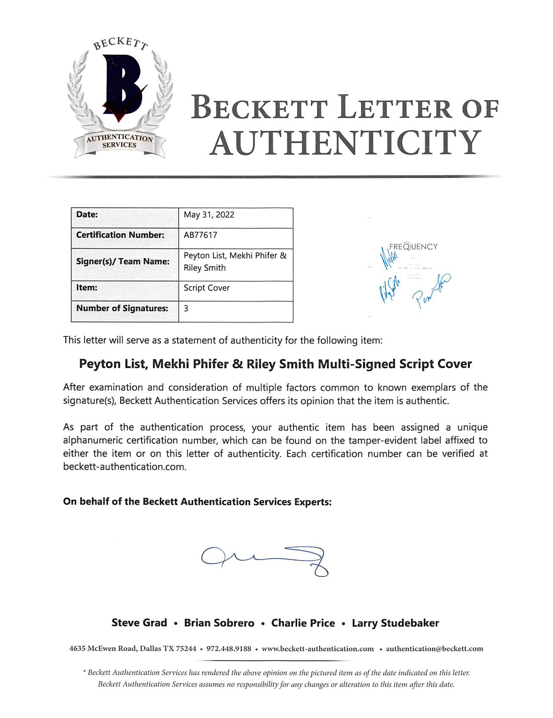 Frequency (3) List, Phifer, Smith Authentic Signed Script Cover BAS #AB77617