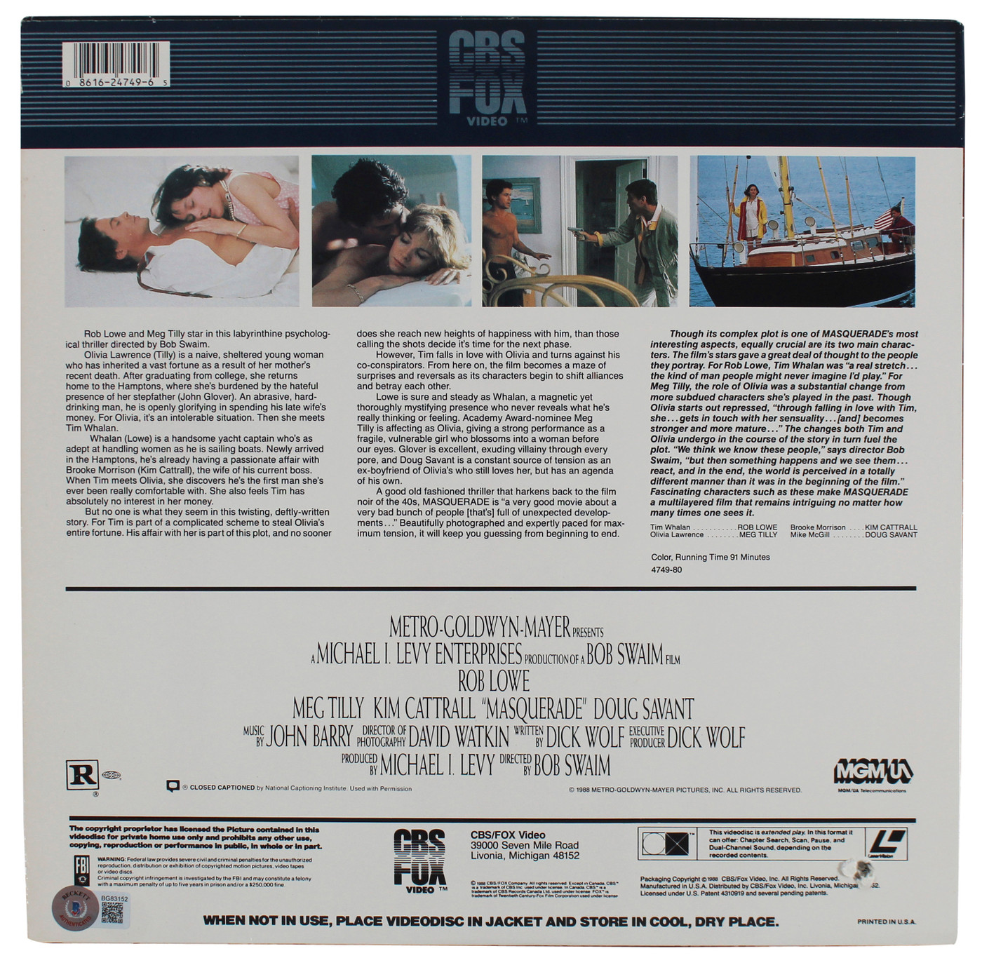 Rob Lowe Authentic Signed Masquerade Laserdisc Without Disc BAS #BG83152