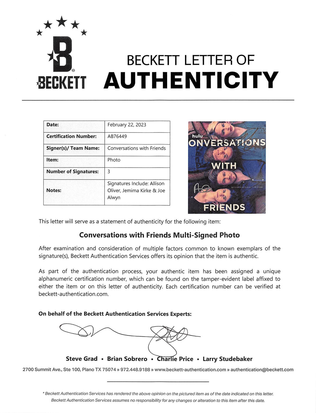 Conversations With Friends (3) Oliver, Kirke & Alwyn Signed 11x17 Photo BAS