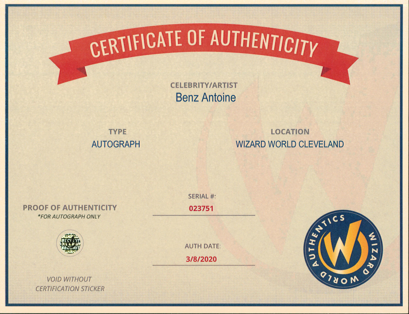 Benz Antoine Overwatch Authentic Signed 8x10 Photo Wizard World #023751