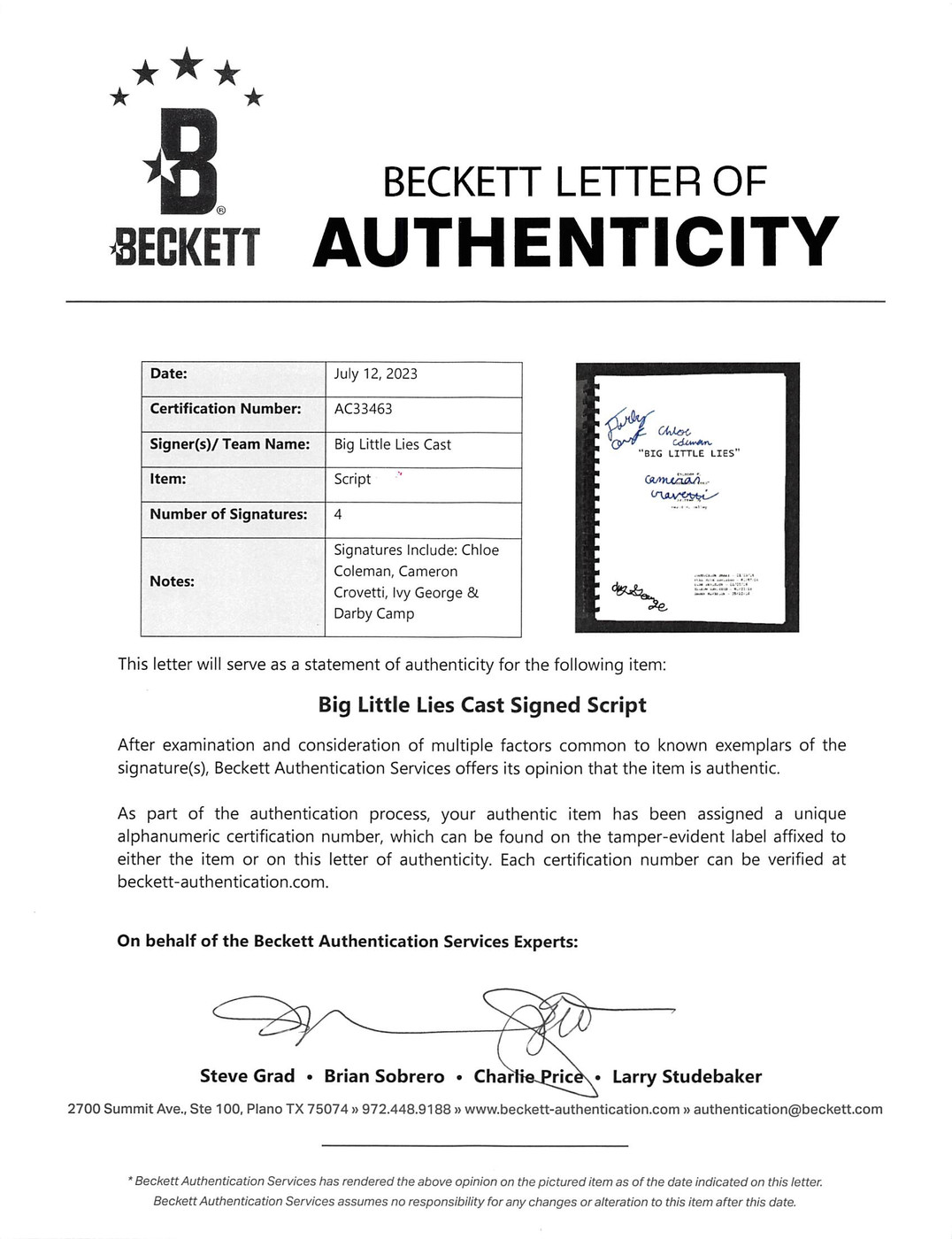 Big Little Lies Cast (4) Coleman, Crovetti, +2 Signed Movie Script BAS #AC33463