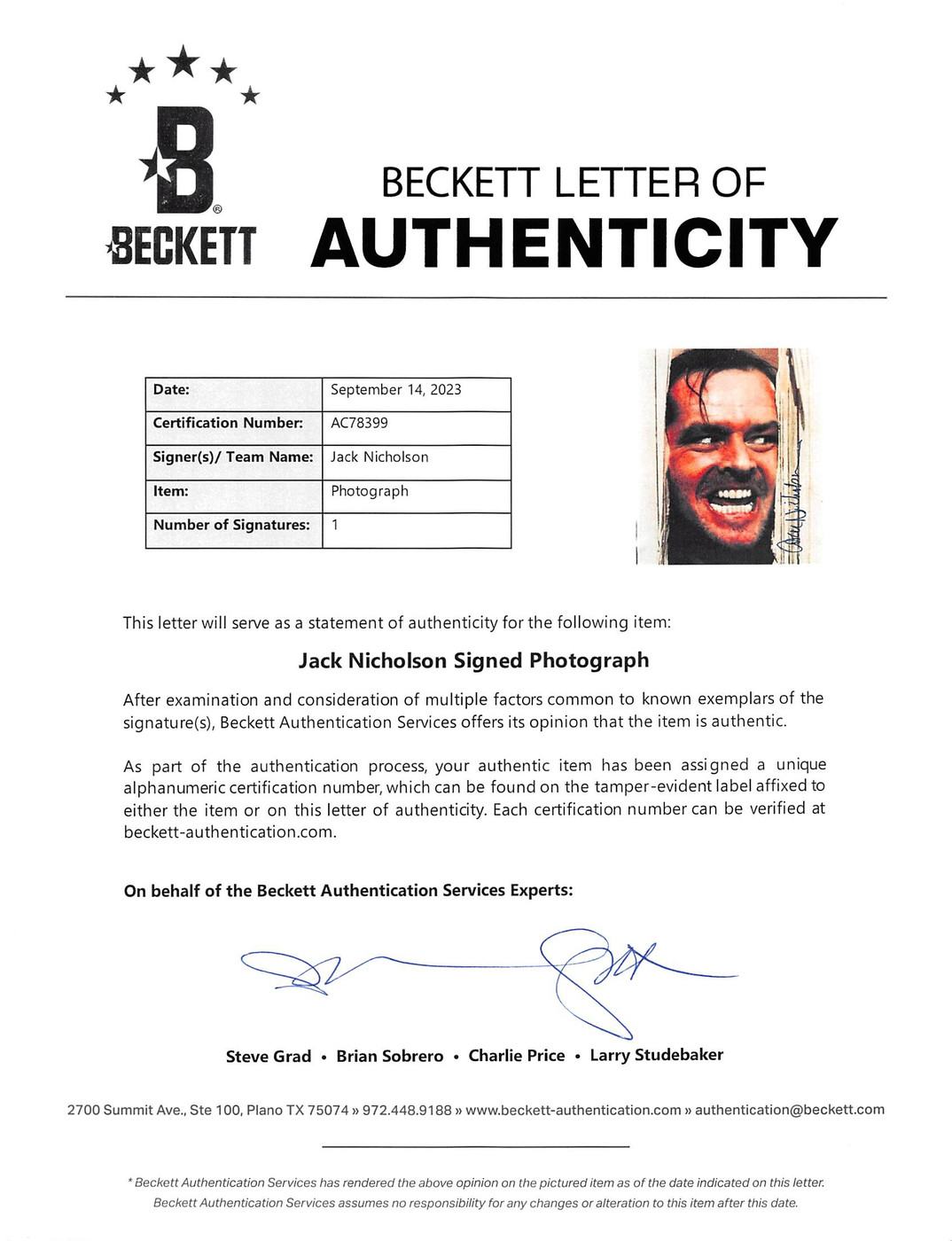 Jack Nicholson The Shining Authentic Signed 11x14 Photo BAS #AC78399