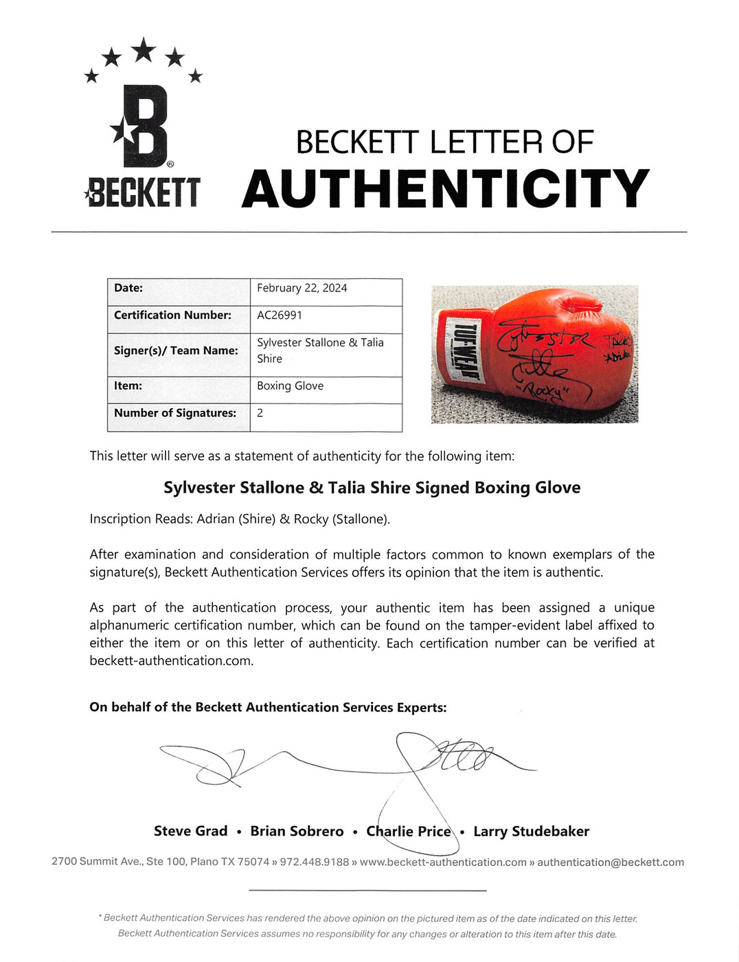 Sylvester Stallone & Talia Shire Rocky Signed Red Boxing Glove BAS #AC26991