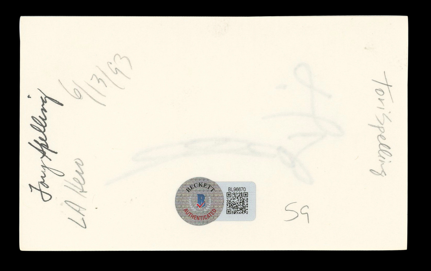 Tori Spelling Beverly Hills 90210 Authentic Signed 3x5 Index Card BAS #BL96670