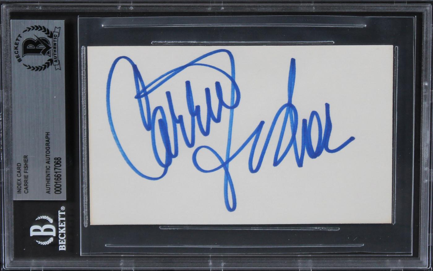 Carrie Fisher Star Wars Authentic Signed 3x5 Index Card Autographed BAS Slab 1