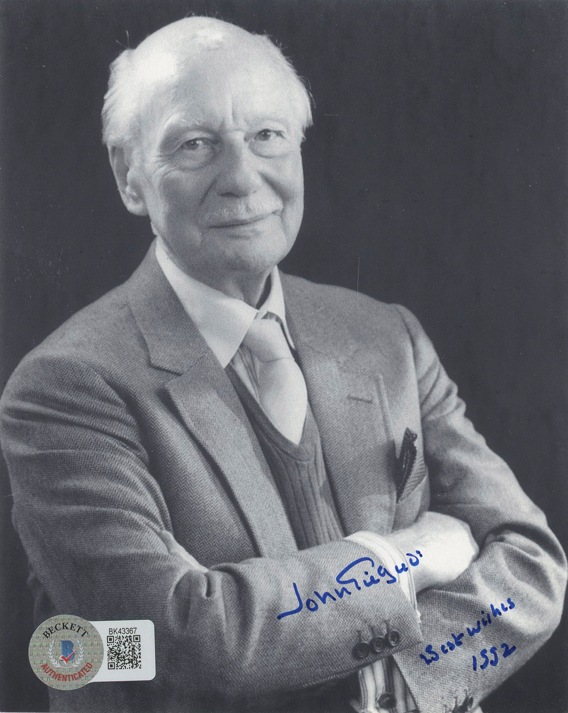 John Gielgud Arthur "Best Wishes 1992" Signed 4.75x6 Photo BAS #BK43367