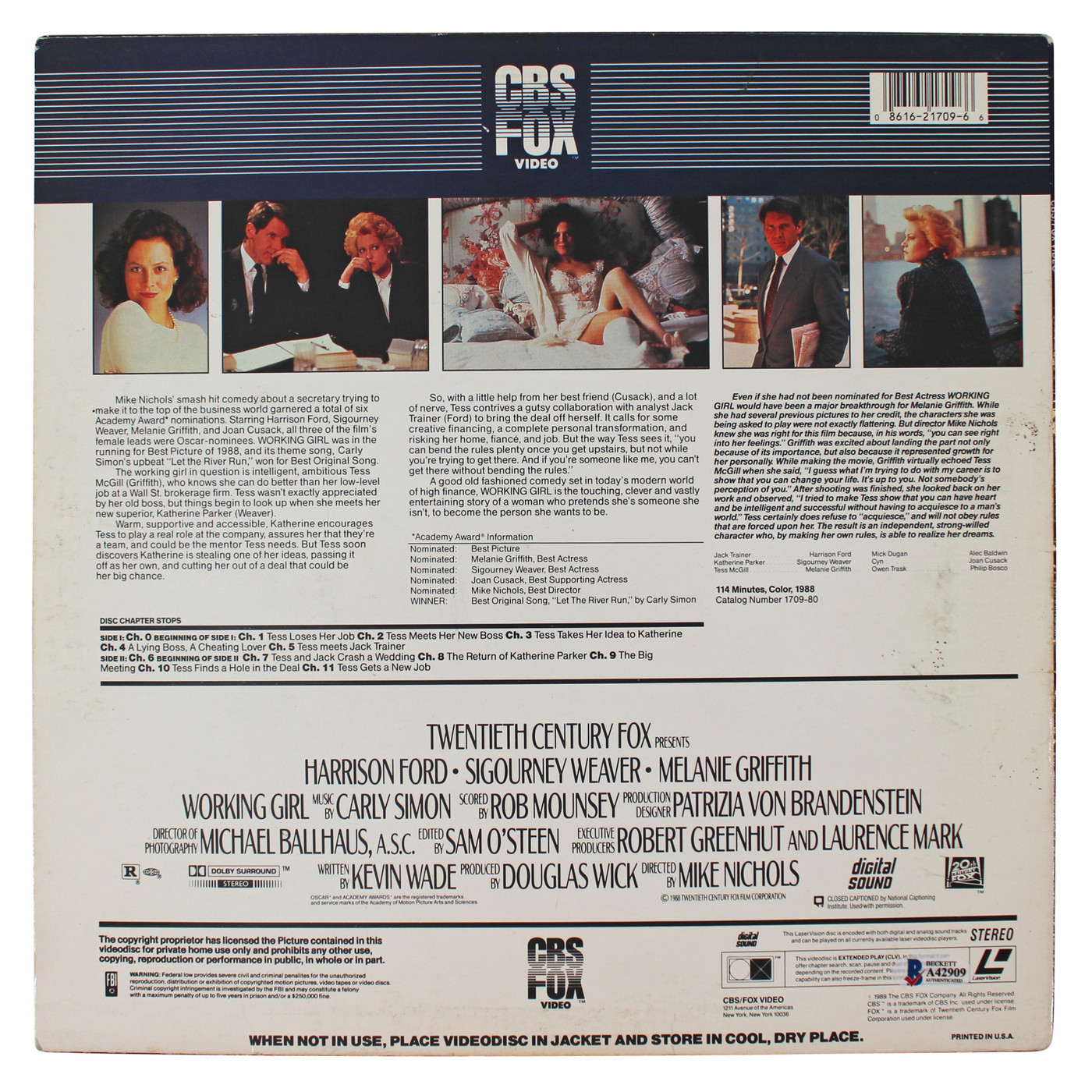 Working Girl (4) Ford, Weaver, Griffith & Simon Signed Laserdisc Cover BAS