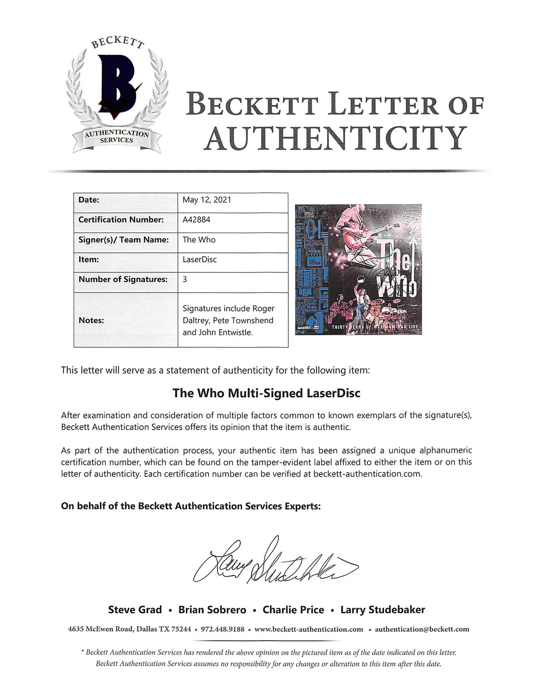 The Who (3) Daltrey, Townshend & Entwistle Signed  Laserdisc Cover BAS #A42884