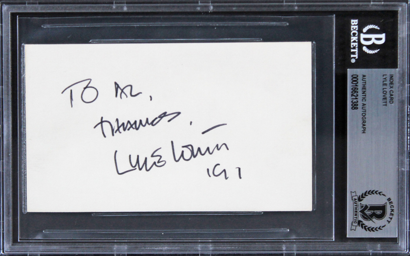 Lyle Lovett Singer "To Al Thomas 91" Authentic Signed 3x5 Index Card BAS Slabbed