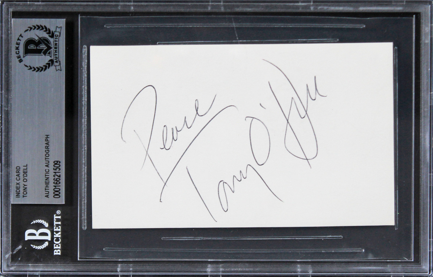 Tony O'Dell The Karate Kid "Peace" Authentic Signed 3x5 Index Card BAS Slabbed