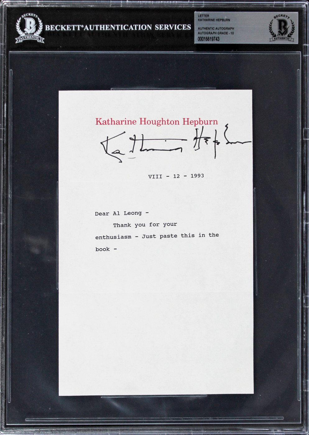 Katharine Hepburn Little Women Signed 5.5x8.5 Letter Auto Graded 10! BAS Slabbed