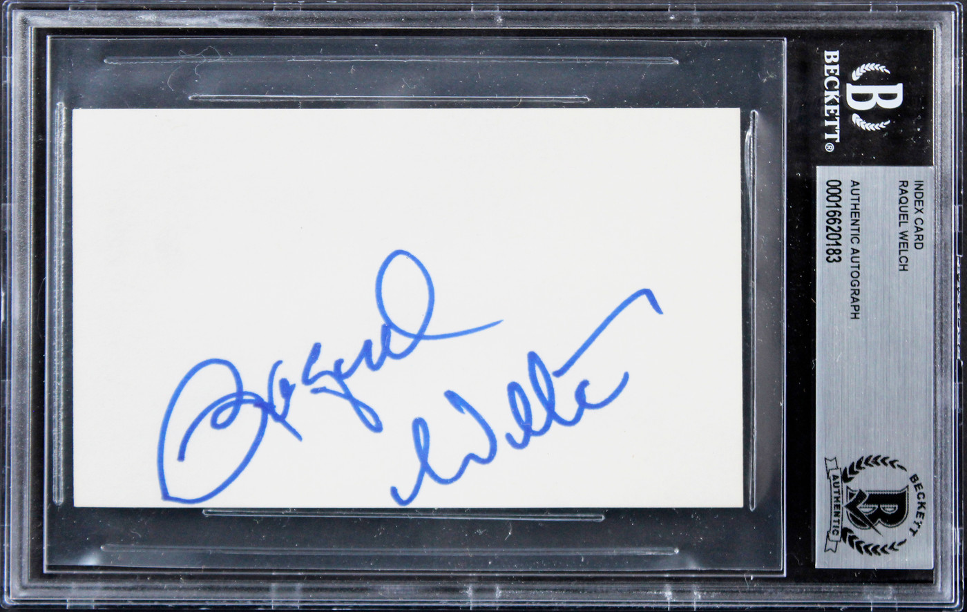 Raquel Welch The Three Musketeers Signed 3x5 Index Card w/ Blue Sig BAS Slabbed