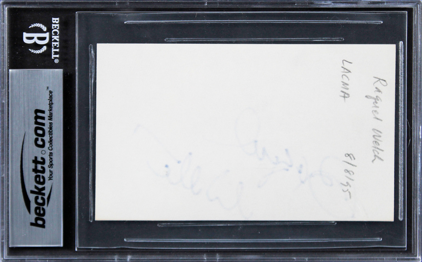 Raquel Welch The Three Musketeers Signed 3x5 Index Card w/ Blue Sig BAS Slabbed