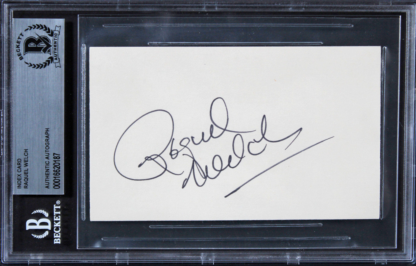 Raquel Welch The Three Musketeers Signed 3x5 Index Card w/ Black Sig BAS Slabbed