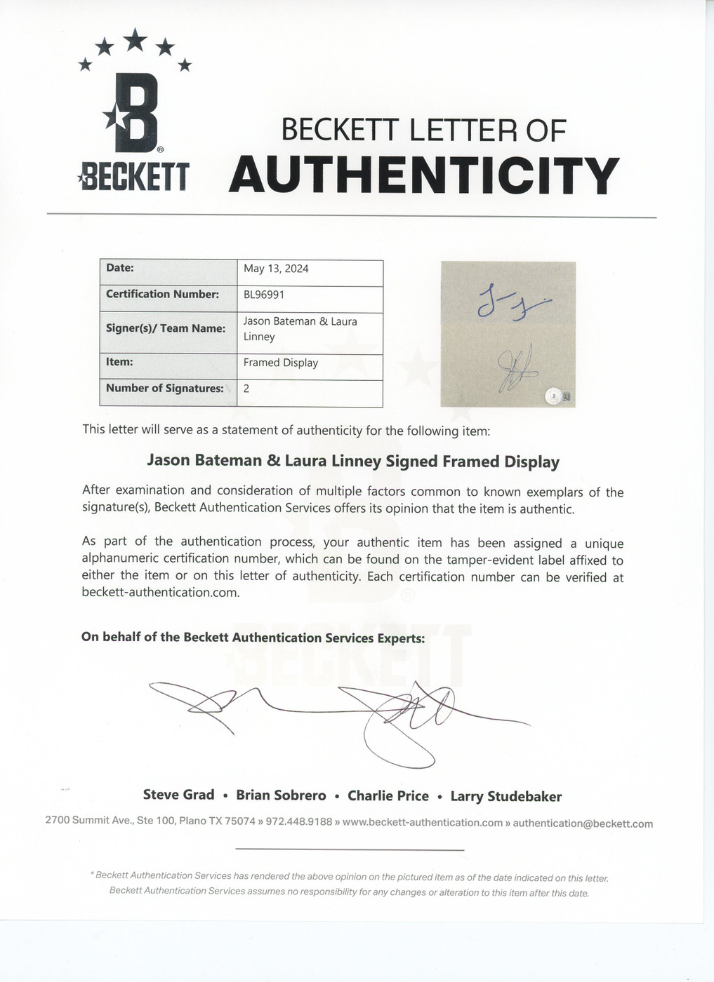 Jason Bateman & Laura Linney Ozark Signed Index Card Framed Display BAS #BL96991