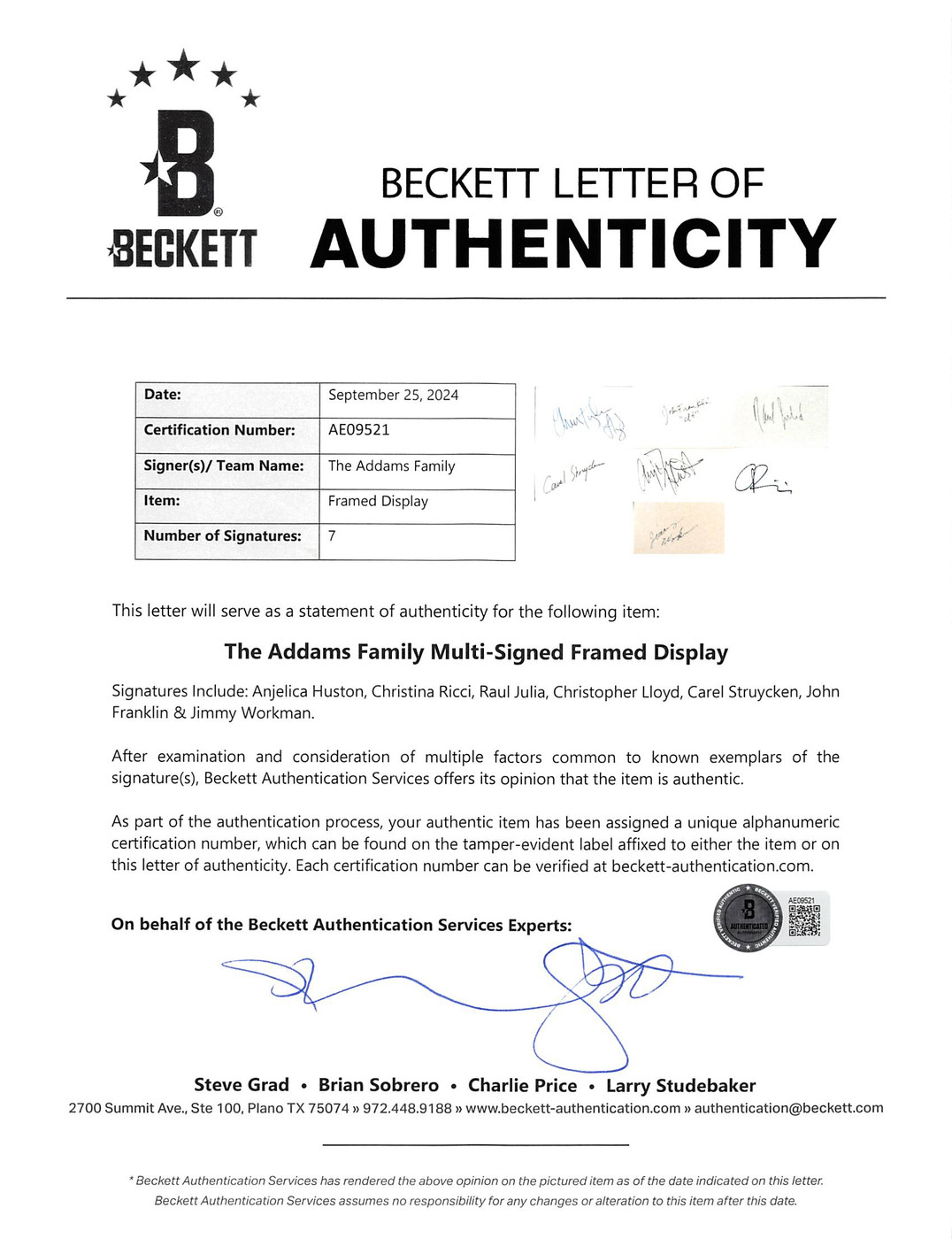 Addams Family (7) Houston, Julia, Ricci, Lloyd +3 Signed Framed Display BAS LOA