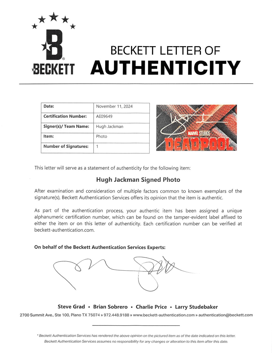 Hugh Jackman Deadpool & Wolverine Authentic Signed Framed 16x24 Photo BAS