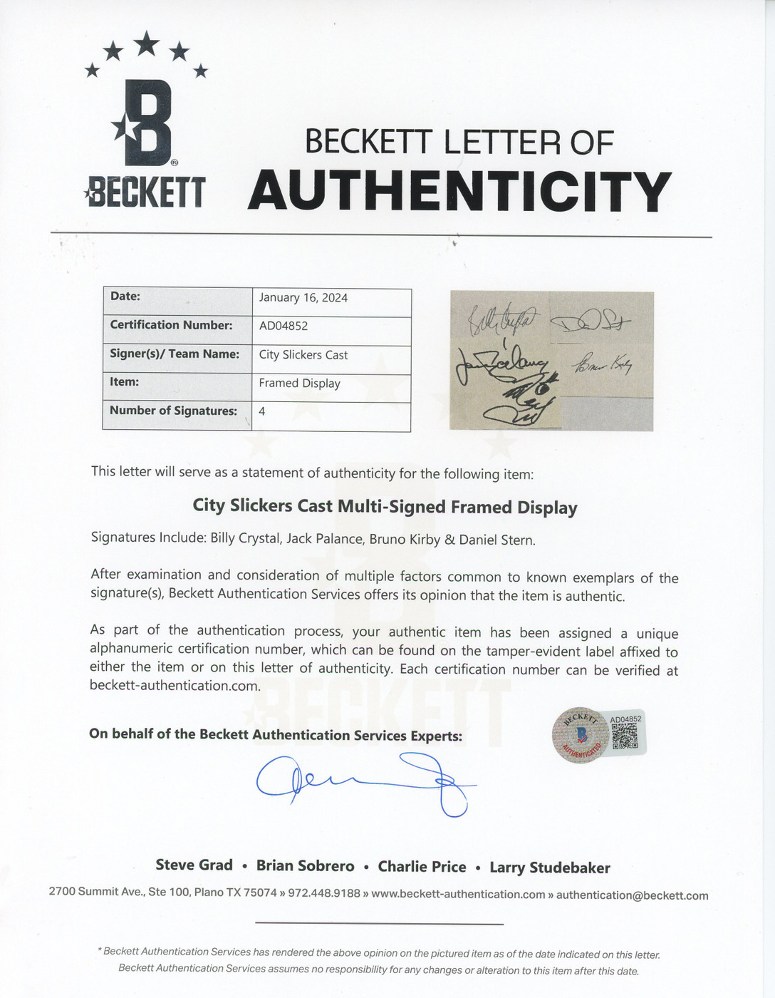 City Slickers (4) Crystal, Palance, Kirby & Stern Signed Framed