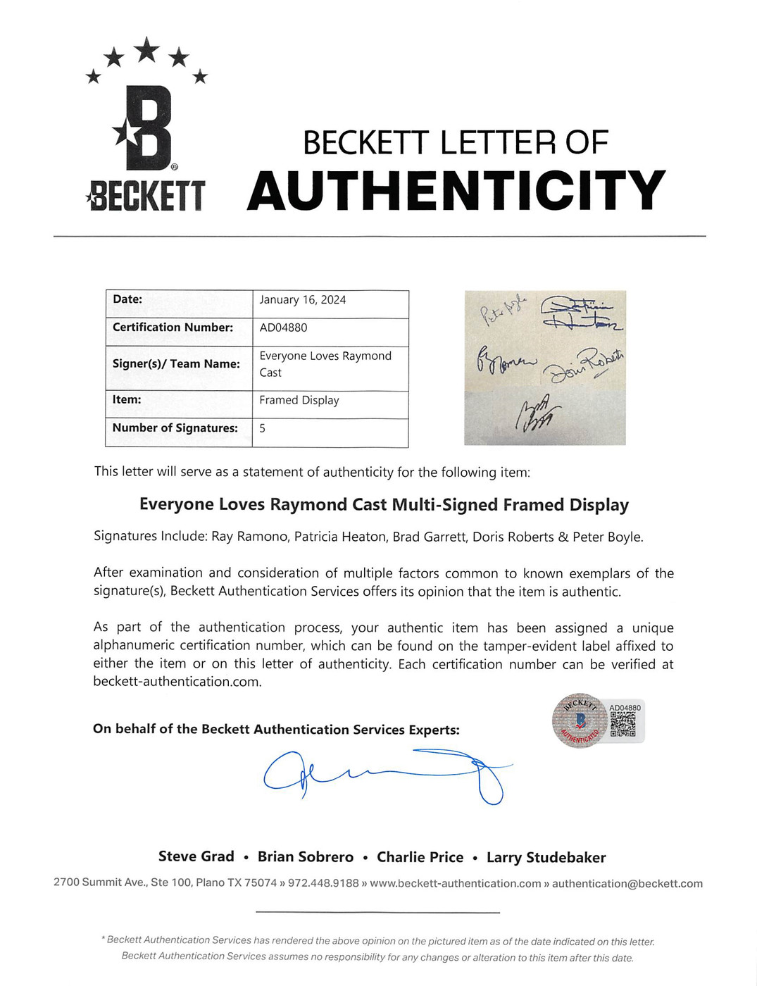 Everyone Loves Raymond (5) Romano, Heaton, Boyle +2 Signed Framed Display BAS