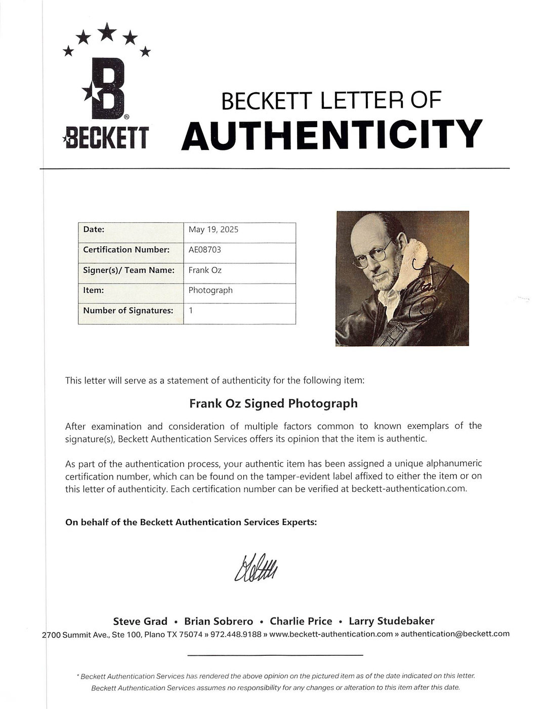 Frank Oz Star Wars Authentic Signed 8x10 Black & White Photo BAS #AE08703