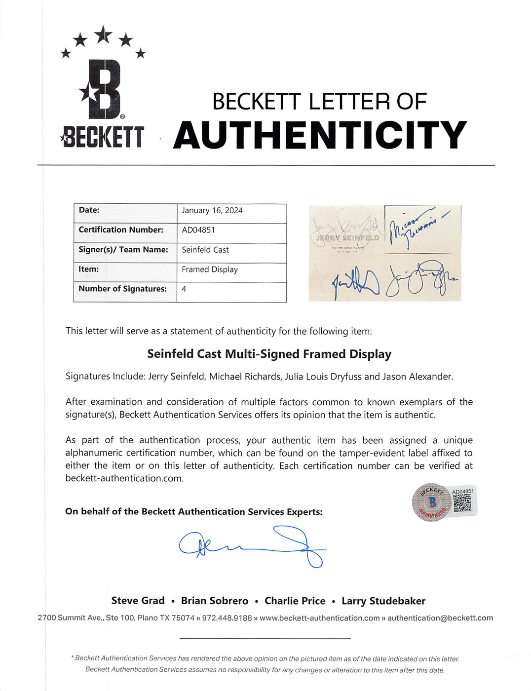 (4) Seinfeld, Alexander, Richards & Louis-Dreyfus Signed Framed Display BAS LOA