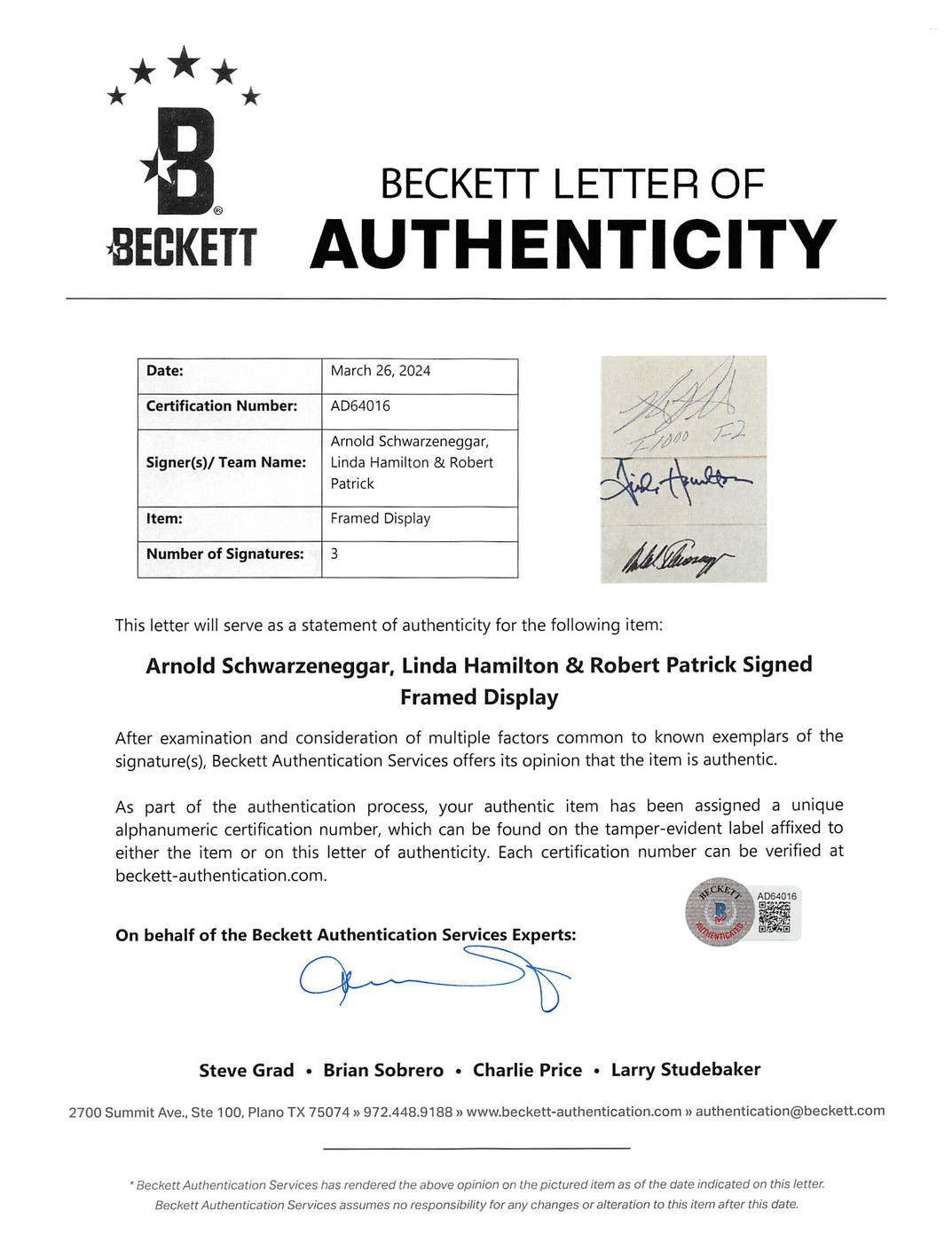 Terminator 2 (3) Schwarzenegger, Hamilton & Patrick Signed Framed Display BAS