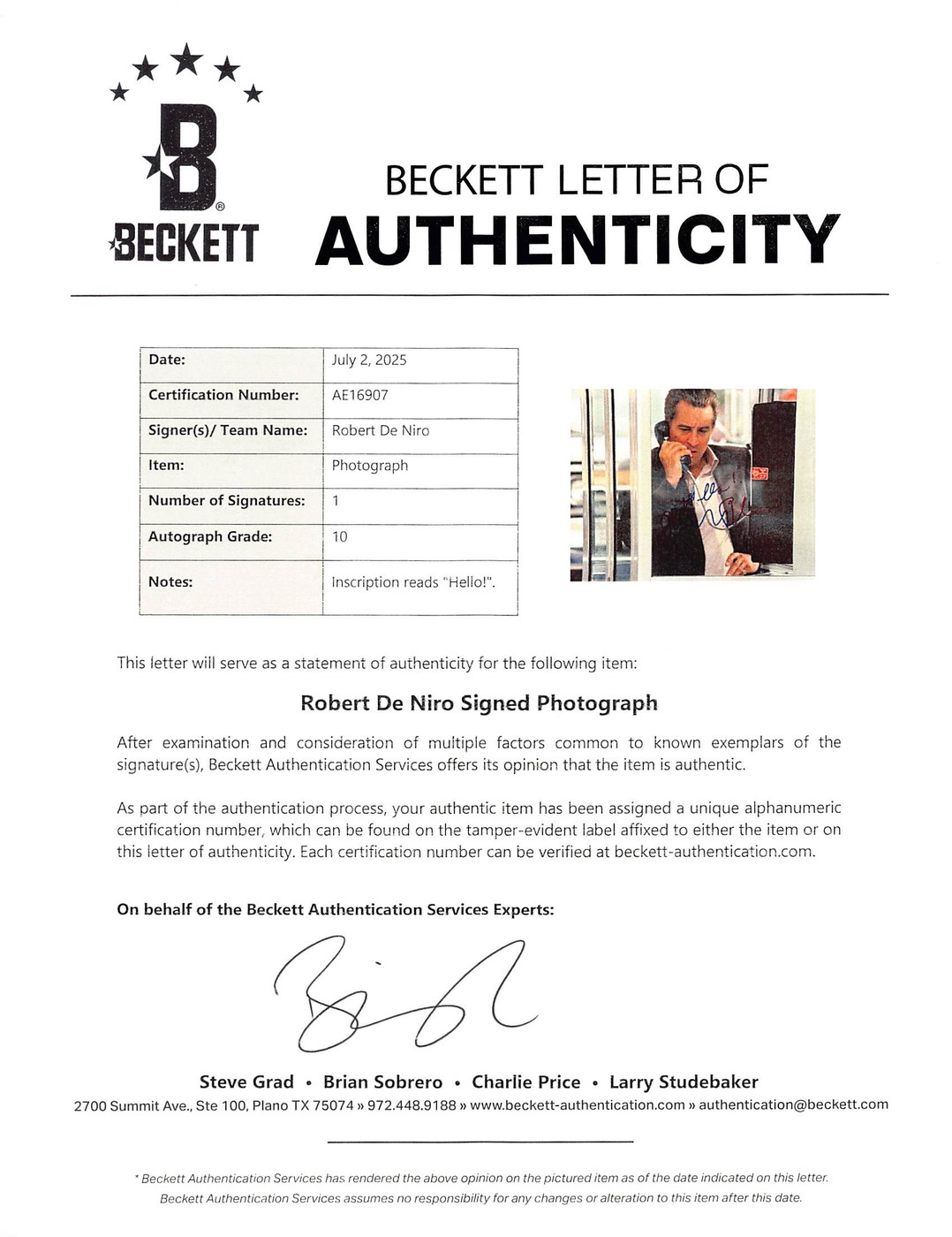 Robert DeNiro Goodfellas Authentic Signed 11x14 Photo Auto Grade 10 BAS #AE16907