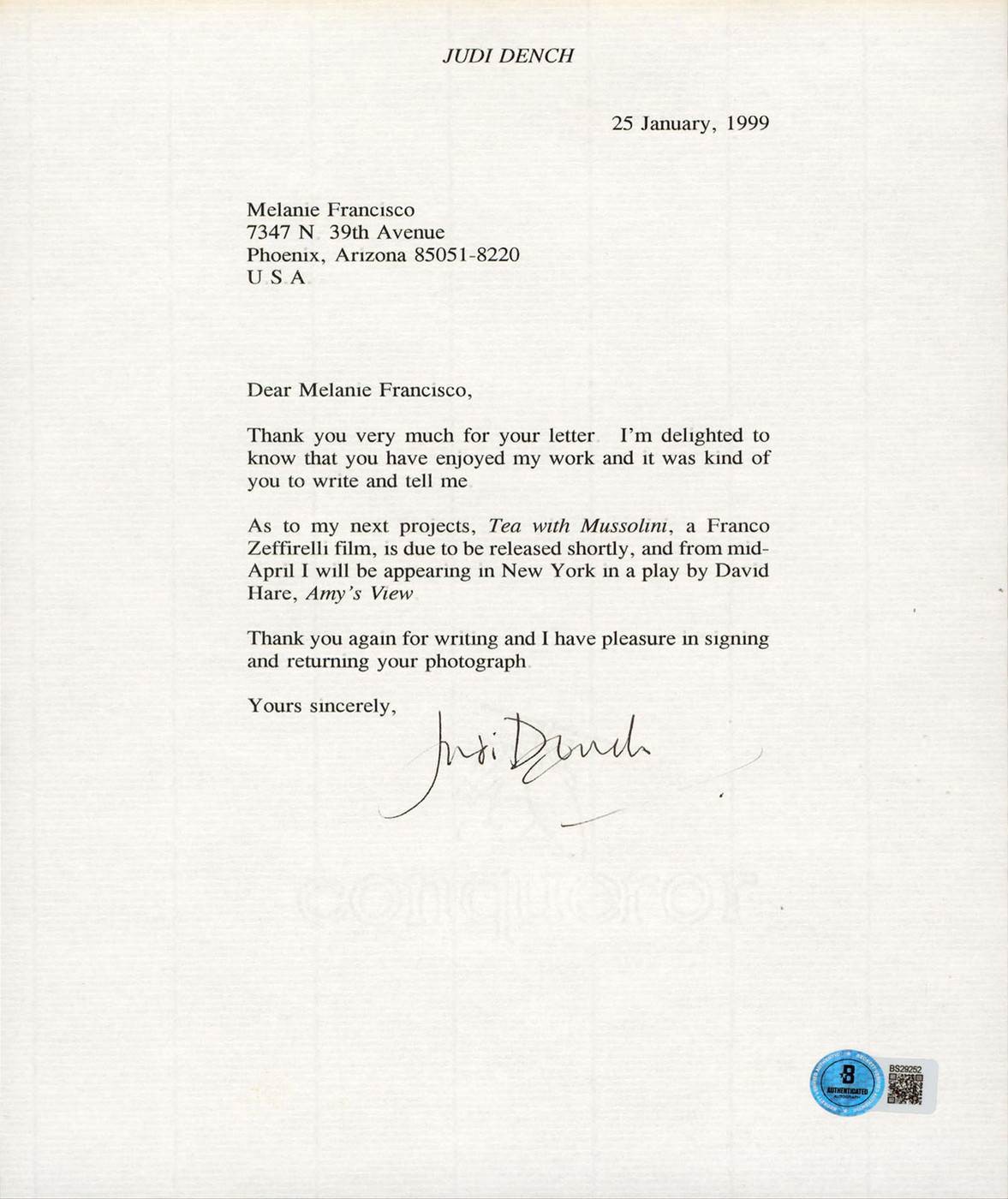 Judi Dench James Bond 007 Authentic Signed 8.5x11 Letter BAS #BS29252