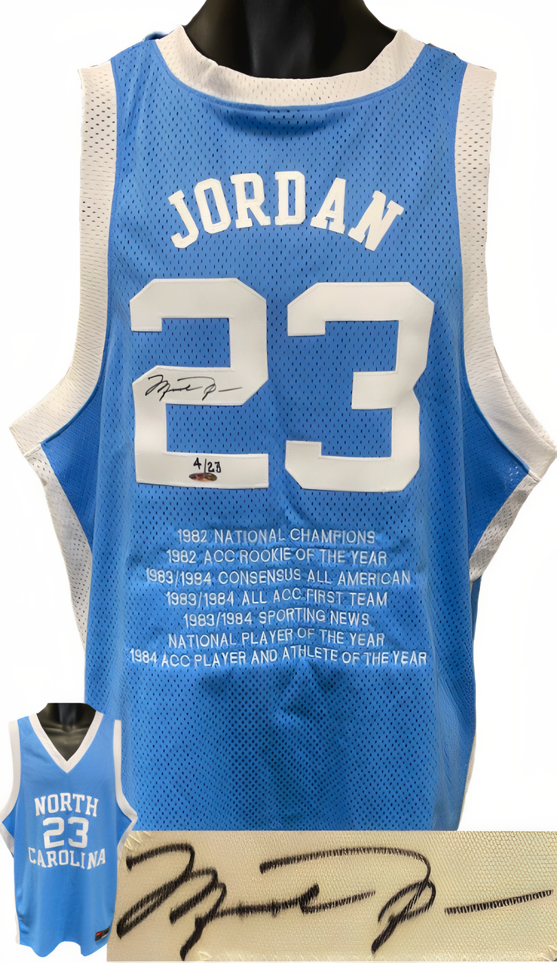 Michael Jordan Signed North Carolina Tar Heels Nike Lt Blue Authentic Stat Jersey 4/23  Upper Deck Hologram  (Size 46)