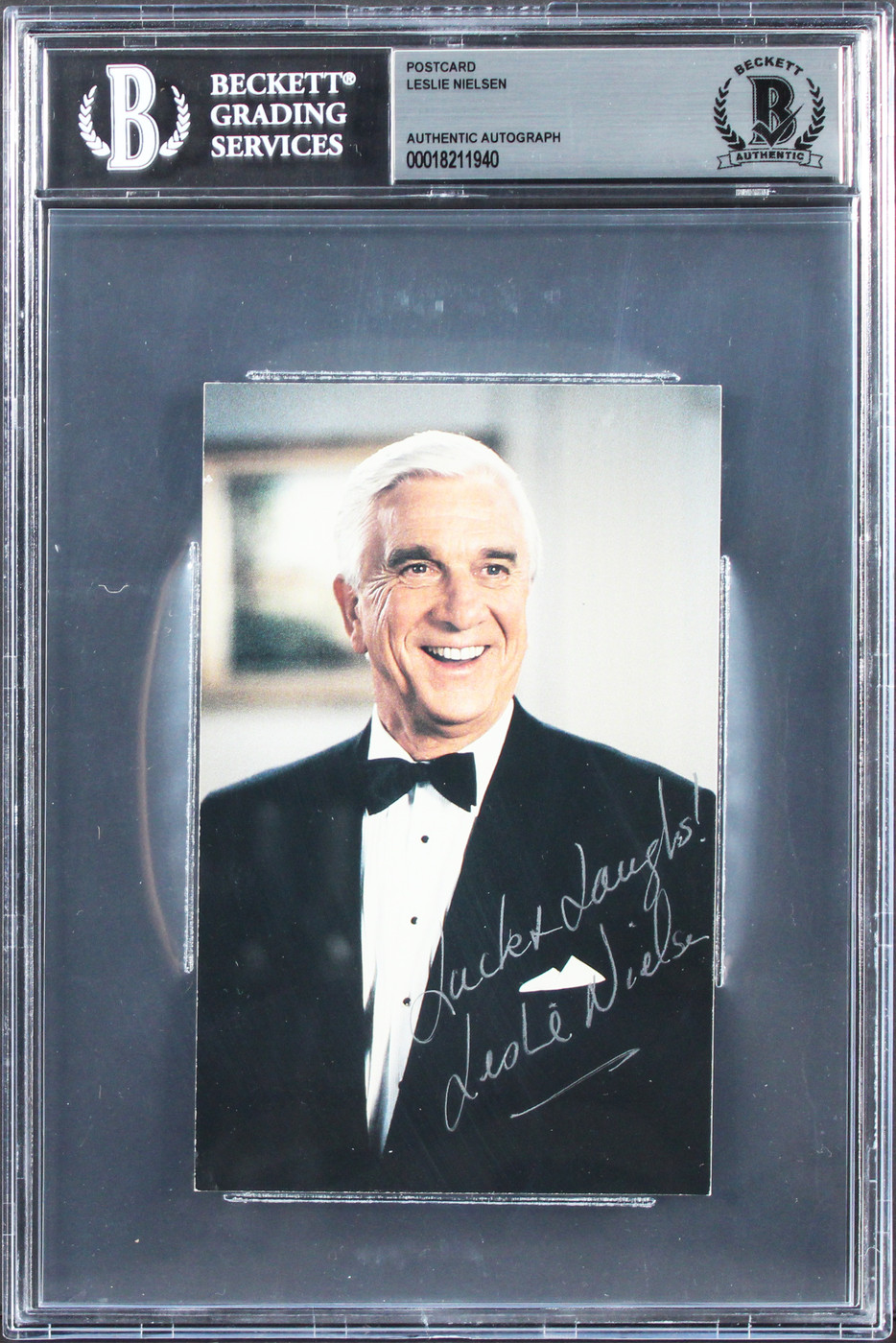 Leslie Nielsen The Naked Gun Signed 5x7 Photo w/ Handwritten Note BAS Slabbed