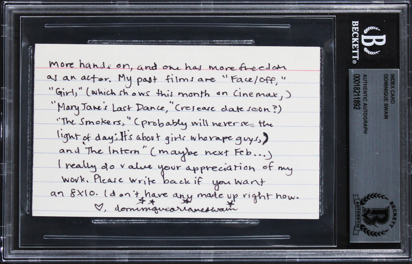 Dominique Swain Lolita Authentic Signed 3x5 Handwritten Letter BAS Slabbed