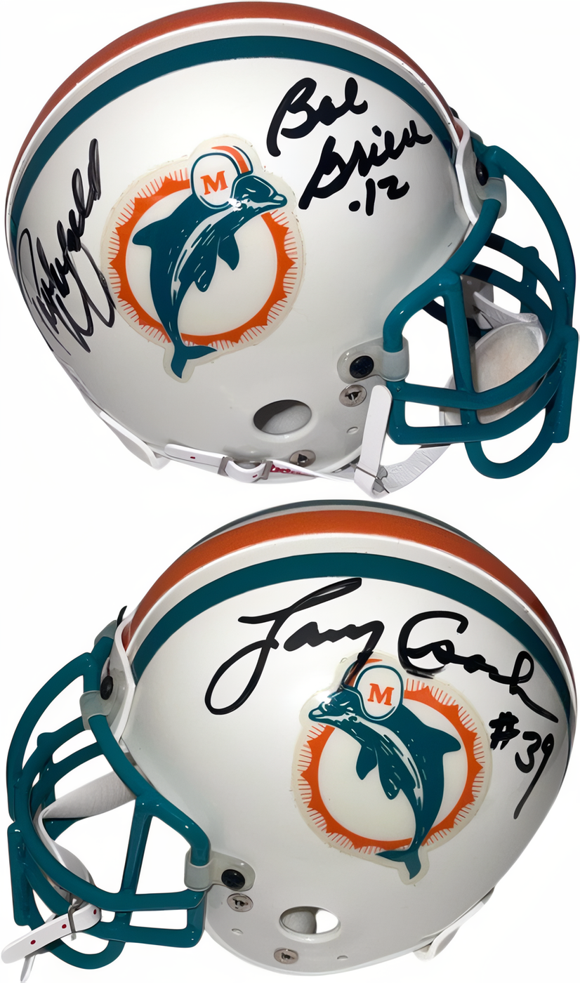 Miami Dolphins Greats  Bob Griese/Larry Csonka/Paul Warfield Signed Riddell Tb Authentic Mini Helmet  Tuff Stuff Coa/Photos/Show