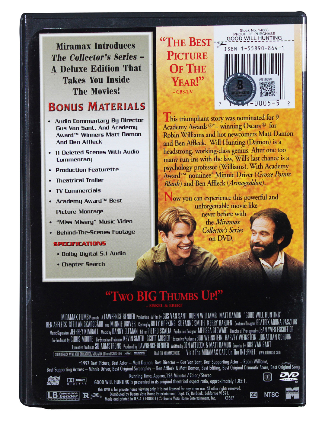 Robin Williams Good Will Hunting Authentic Signed Dvd Cover W/ Disk BAS #AE16890