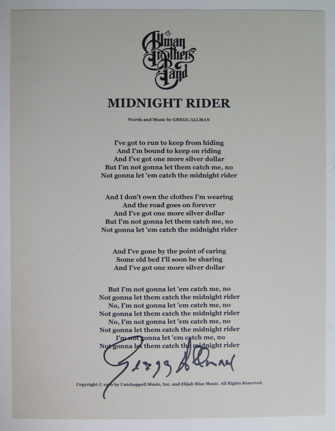 Signed Sheet Music of Midnight Rider (DD63124) by Gregg Allman