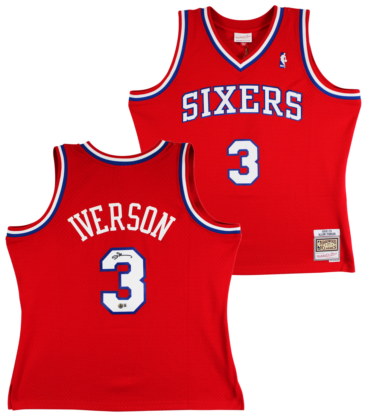 76ers Allen Iverson Signed Red 2002-03 M&N HWC Swingman Jersey BAS Witnessed