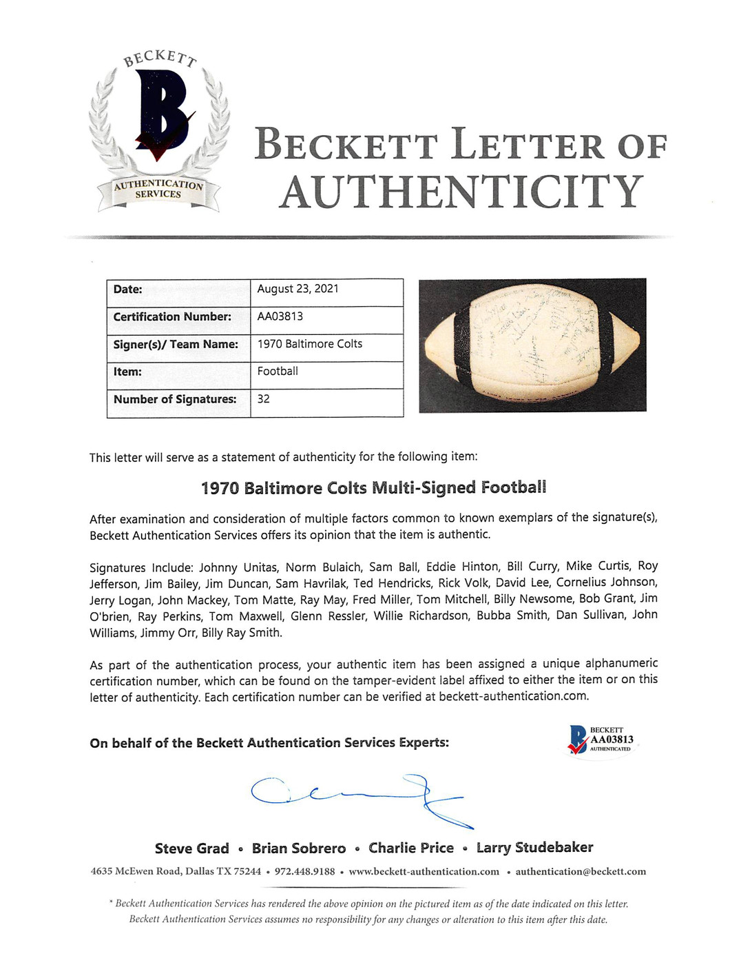 1970 Colts (32) Johnny Unitas, Bubba Smith Signed Nfl Football BAS #AA03813