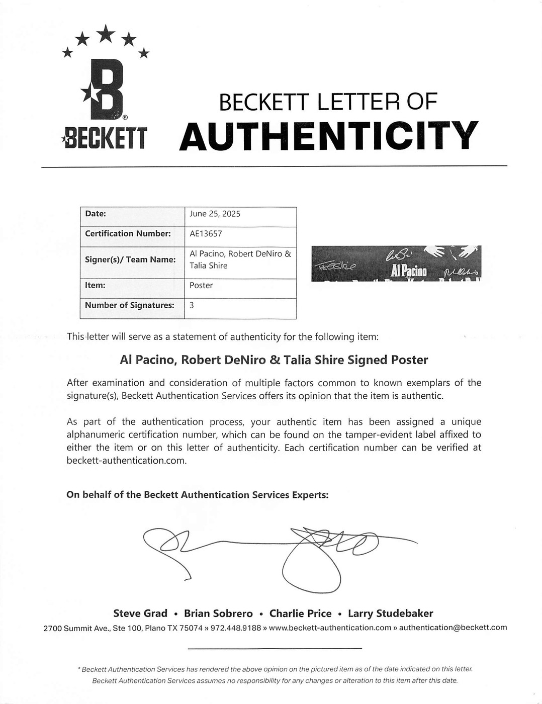 The Godfather (3) Pacino, DeNiro & Shire Signed & Framed 27x40 Poster BAS LOA