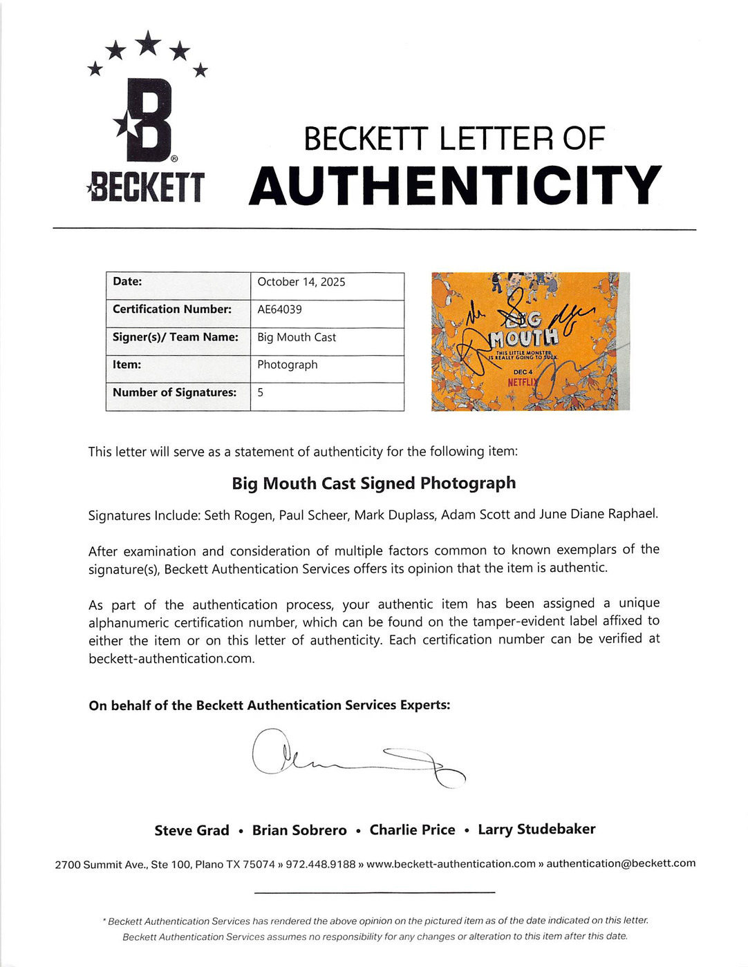 Big Mouth (5) Rogan, Scheer, Duplass, Scott & Raphael Signed 11x14 Photo BAS 1