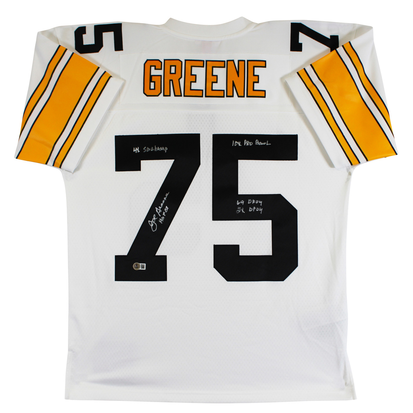 Steelers Joe Greene "Career Stat" Signed White M&N TB Jersey BAS Wit #3W142112