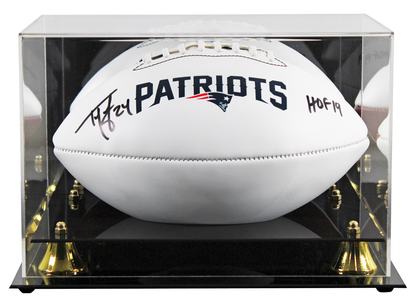 Patriots Ty Law "HOF 19" Signed Franklin White Panel Logo Football W/ Case BAS W