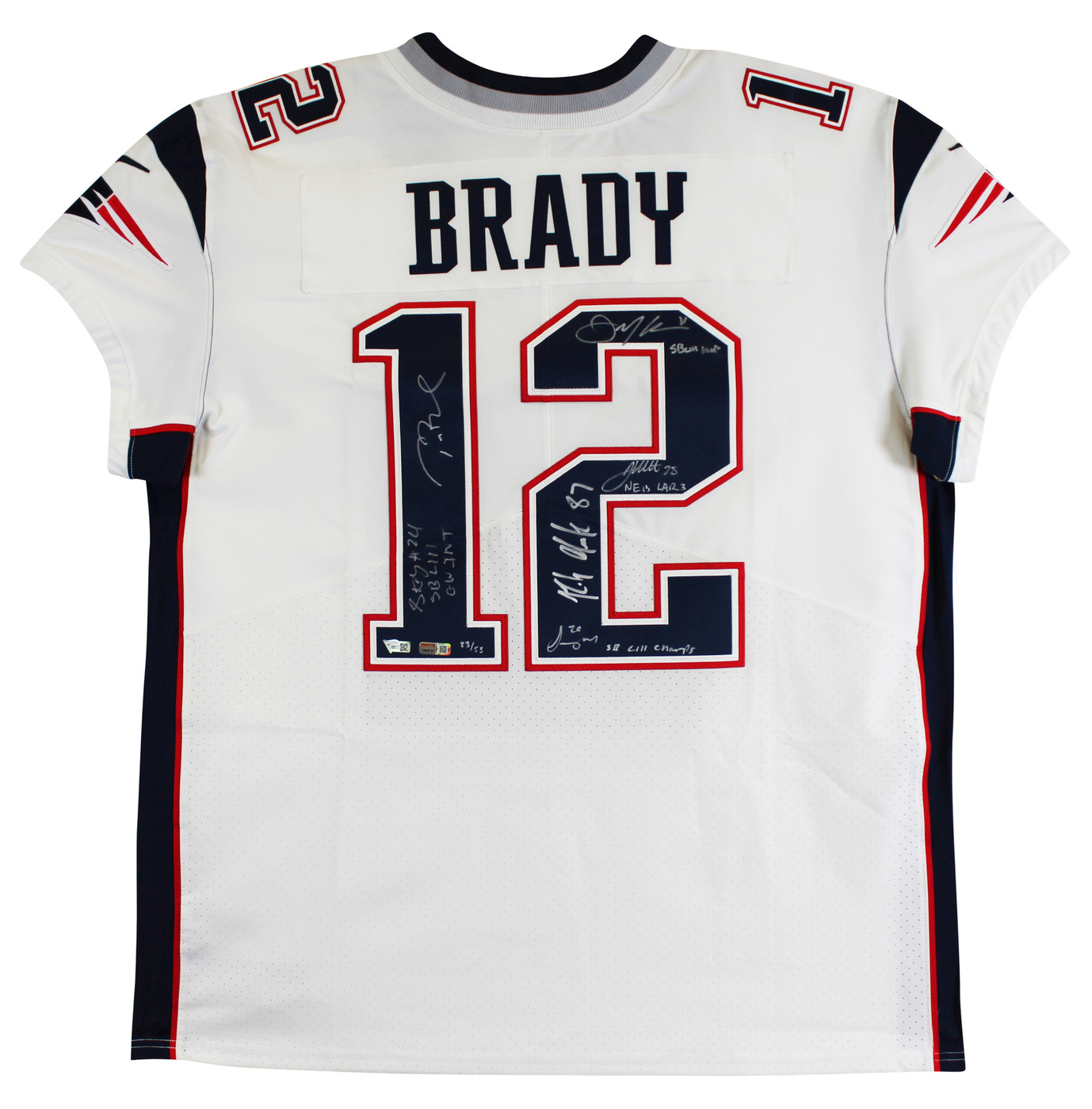 (6) Brady, Gronkowski, Gilmore, Edelman +2 Signed White Nike Elite Jersey BAS