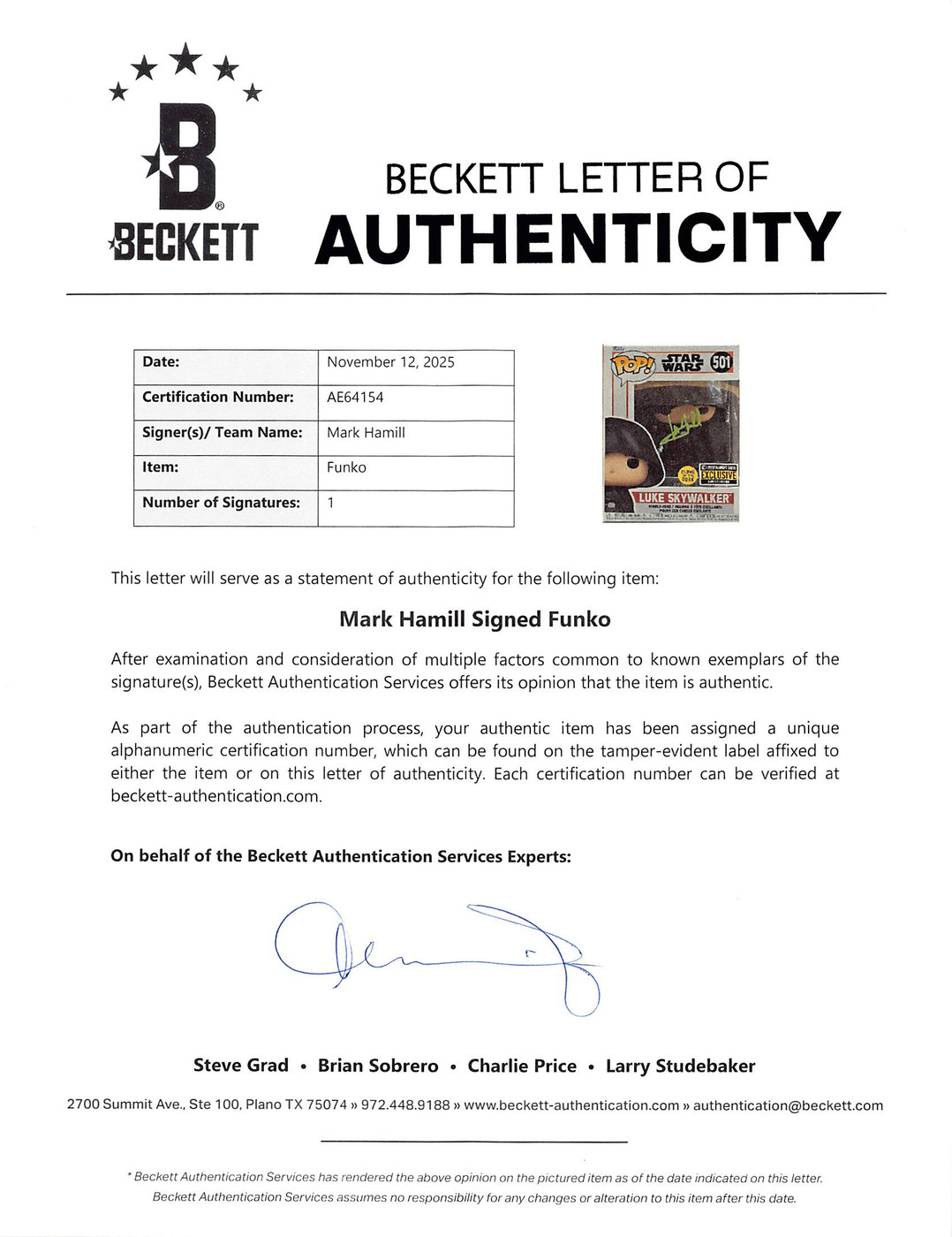 Mark Hamill Star Wars Signed Luke Skywalker #501 Funko Pop Figure BAS #AE64154