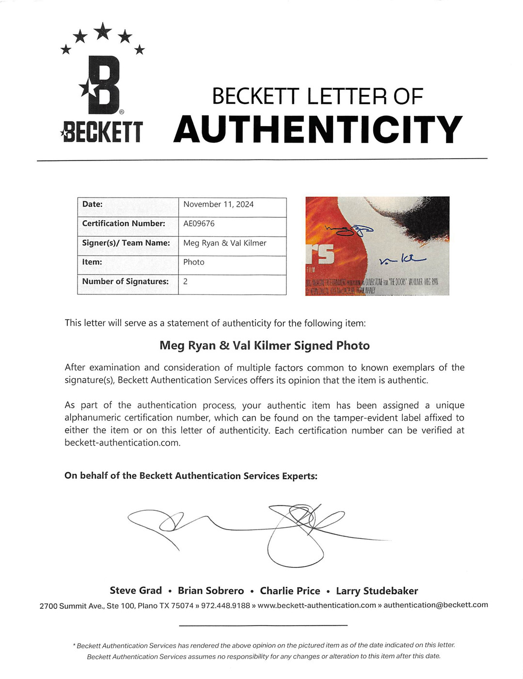 Val Kilmer & Meg Ryan The Doors Authentic Signed Framed 16x24 Photo BAS