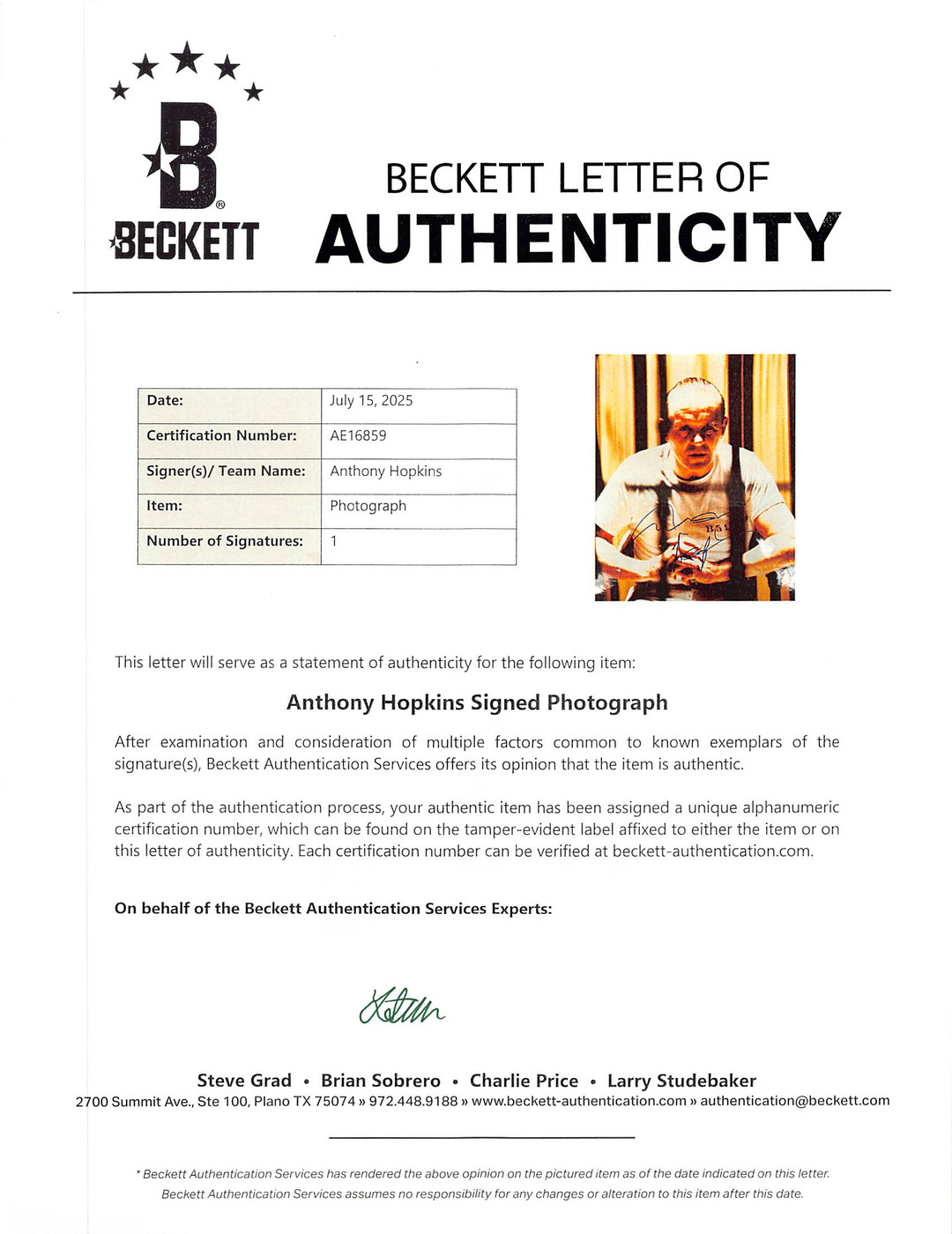 Anthony Hopkins The Silence of the Lambs Signed 16x20 Photo BAS #AE16859