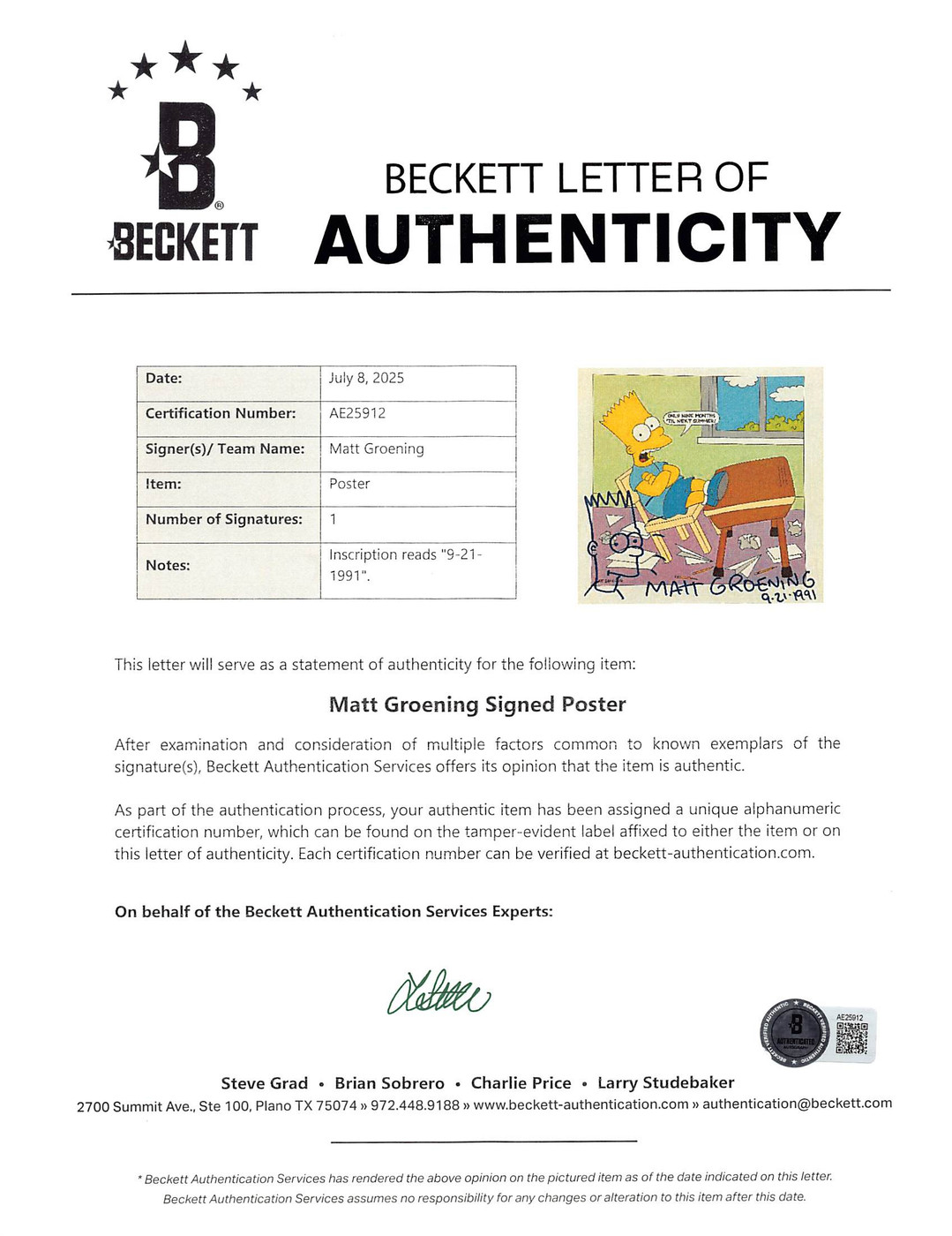 Matt Groening "9-21-1991" Signed & Framed Bart Simpson Sketch BAS #AE25912